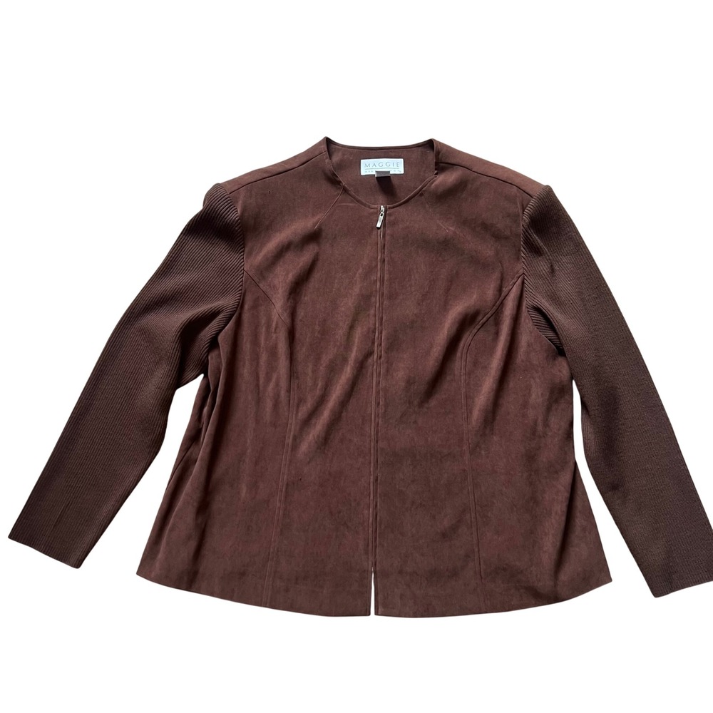 Maggie McNaughton Womens Mixed Media Jacket 22W Brown Faux Suede Plus Size